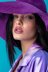 A beautiful woman wearing ultra violet hat, in the style of a social media influencer, for a fashion magazine cover, vibrant colors