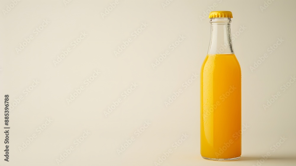 Poster glass bottle of orange juice on a white background