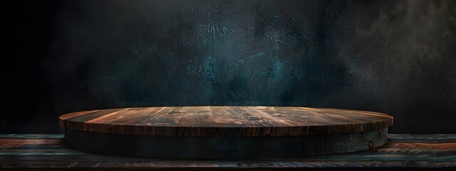 Empty beautiful round wood tabletop counter on interior in dark background, Ready for display, Banner, with copy space for product or text, Horizontal design