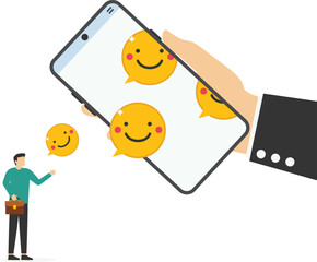 Smiling face symbols fall from a smartphone. Employee happiness, job satisfaction, company benefit, positive attitude. Chat bot. Flat vector illustration

