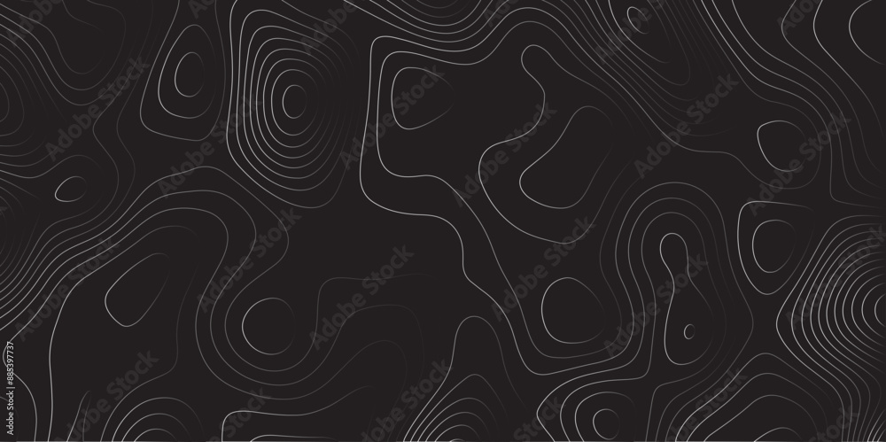 Poster Abstract white on black background Topographic line map pattern. Contour elevation topographic and textured Background Modern design with black background with topographic wavy patte.	