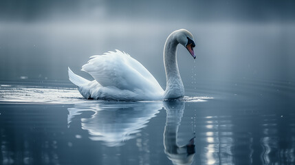 Obraz premium Swan floating on a lake with its reflection visible in the water. Concept of tranquility, natural beauty, and serene landscapes.