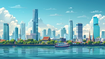 Fototapeta premium Illustration of the Chao Phraya River with a traditional long tail boat cruising past modern skyscrapers and historic temples Stock Photo with copy space