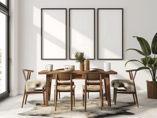 Bright Dining Room with Three Blank Poster Frames and Wooden Furniture