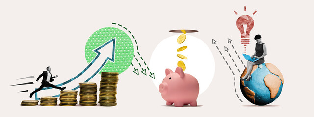 Income growth, smart investing, creativity and global business. Art collage.