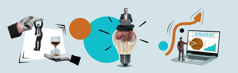 Creativity and innovation for successful business strategy planning. Art collage.