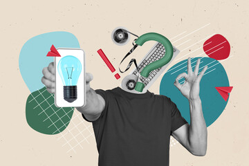 Trend artwork image 3D photo collage of headless incognito person young man keyboard cassette tape...