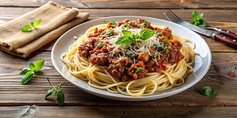Classic spaghetti bolognese plate with savory meat sauce and grated cheese, spaghetti, pasta, bolognese, meat sauce, tomato