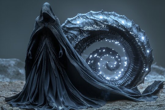ancient wizard in black robe ambient fantasy luminescent lighting portal to the other world realm
