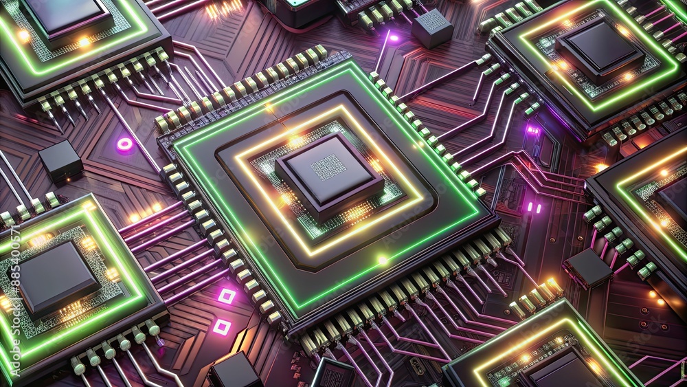 Poster Futuristic cybernetic chips with intricate neon traces, technology, cyber, digital