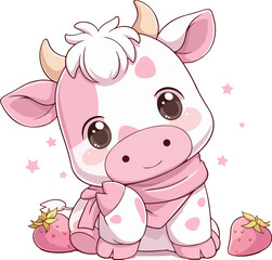 Cute Pink Cow with Strawberries