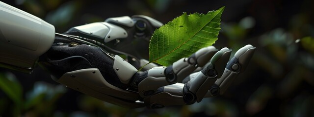 Photo of a robot hand holding a green leaf on a black background, symbolizing the concept of eco-friendly technology and environmental protection. Isolated on a black background for text