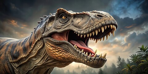 Obraz premium Detailed description Detailed portrait of a Tyrannosaurus Rex, showcasing its powerful jaws and fierce expression