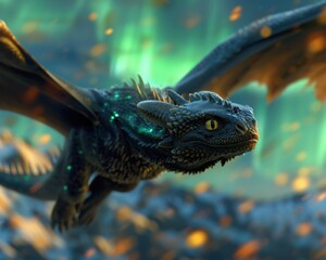 Fototapeta premium Majestic Dragon with Jewel-like Scales Soaring Amidst Cosmic Auroras - 8K Resolution Fantasy Artwork<br>