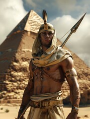 Ancient Egyptian spearman at sunset at the pyramids