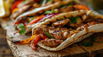 Close-Up of Grilled Chicken Shawarma and Fresh Veggies on Wooden Board
