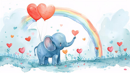 Watercolor illustration of a baby boy with a blue balloon and pastel clouds for a birth announcement