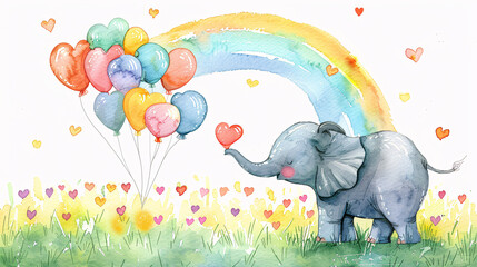 Watercolor illustration of a baby boy with a blue balloon and pastel clouds for a birth announcement