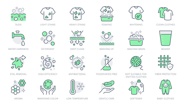 Laundry detergent line icons. Vector illustration include icon - softener, bubble, wool protection, antibacterial outline pictogram for washing powder property. Green Color, Editable Stroke