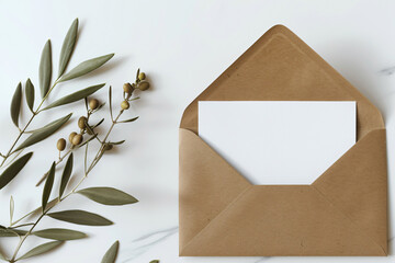 Photo of a blank card and envelope on a white background, in a top view mockup. With an olive branch. Mock up template for a wedding invitation or text message, minimally editing the original text.