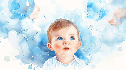 Watercolor summer design featuring a baby boy, colorful balloons, and clouds for a birth celebration