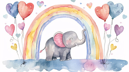 Watercolor illustration of a baby boy with a blue balloon and pastel clouds for a birth announcement