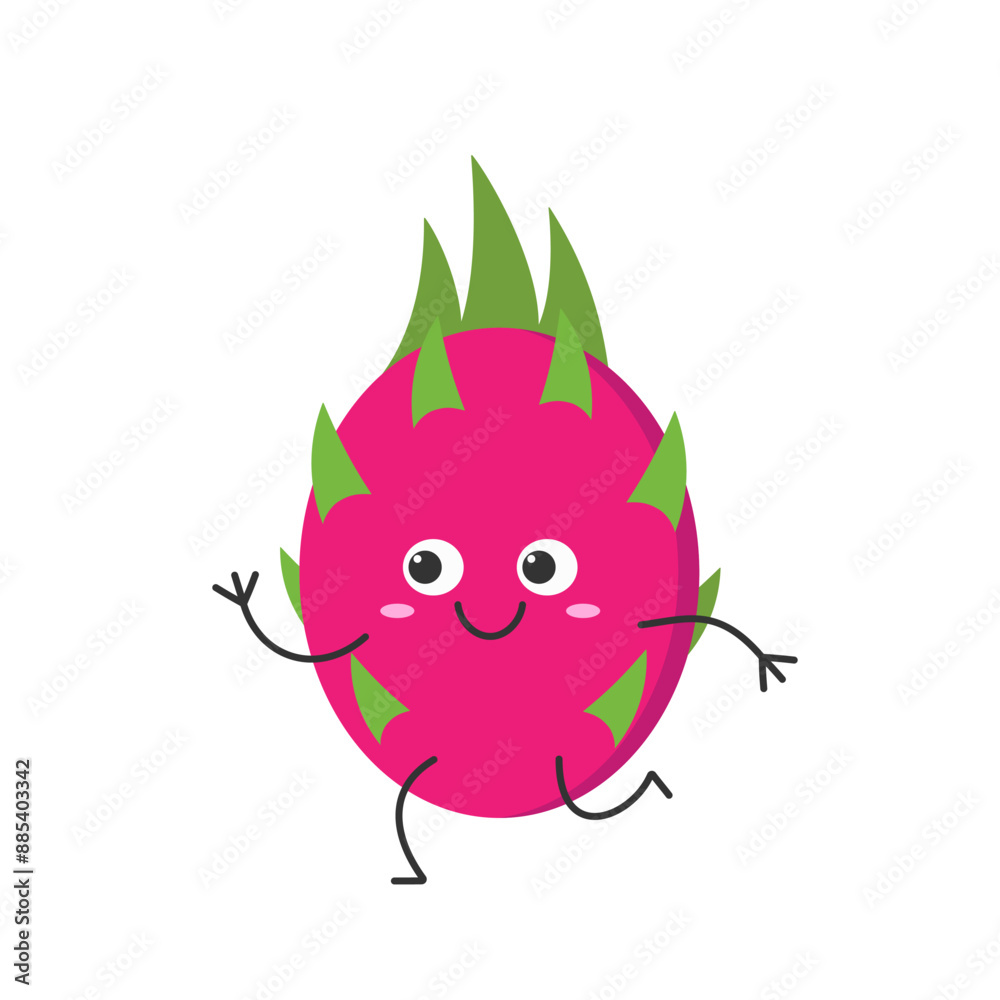 Wall mural Dragon fruit running cute character cartoon pitahaya juicy sweet smiling face kawaii happy emotions icon vector illustration.