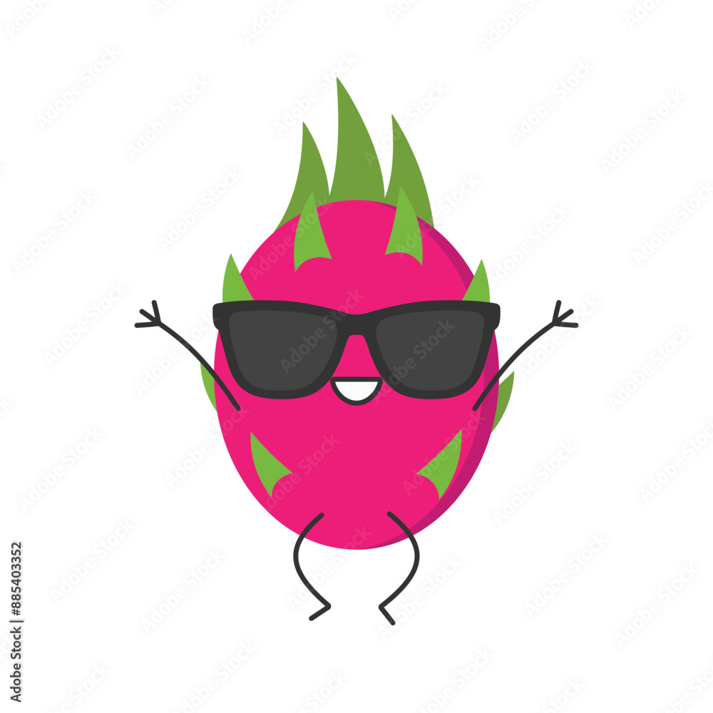 Wall mural dragon fruit jumping greeting cute character cartoon pitahaya juicy sweet smiling face cheerful kawa