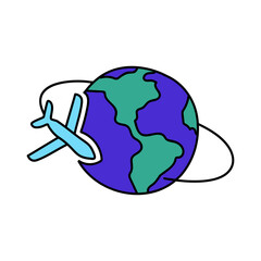 airplane orbiting earth hand drawn color vector illustration