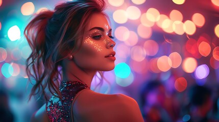 Naklejka premium A girl in a glittering festival dress, with sparkling makeup and bold accessories, standing near a brightly lit stage at a nighttime festival,