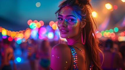 Naklejka premium A girl in a glittering festival dress, with sparkling makeup and bold accessories, standing near a brightly lit stage at a nighttime festival,