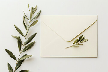 Photo of a blank card and envelope on a white background, in a top view mockup. With an olive branch. Mock up template for a wedding invitation or text message, minimally editing the original text.