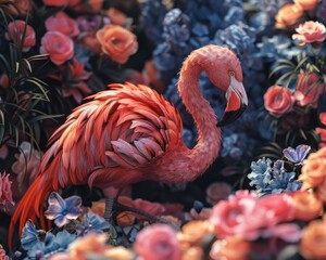 Fototapeta premium Enchanting Flamingo with Floral Feathers in a Luminous Garden - Hyper-Realistic 8K Resolution Photo