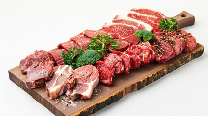 Fototapeta premium Custom meat cuts displayed on a board, showing unique and specialty cuts offered by a skilled butcher on an isolated white background