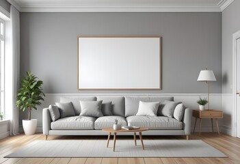 Mockup poster frames on the wall of the room. Modern Interior mockup. Apartment background. Modern Japandi interior design. 3D render