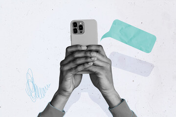 Collage sketch picture image of arms hold modern device receive sms send email isolated on drawing...