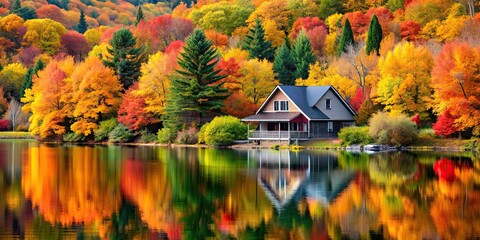 Charming autumn cottage nestled by the lake surrounded by vibrant fall foliage trees, the perfect idyllic retreat for the season