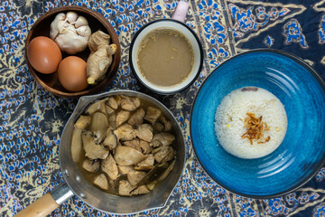 east asian typical lunch with coffee, uncooked ingredients with coffee. 