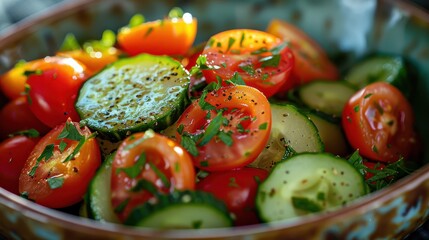 A crisp photo of sliced cucumbers and cherry tomatoes in a salad bowl