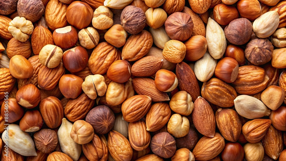 Poster A close-up of a mix of hazelnuts and almonds , nuts, healthy, snack, combination, organic, vegetarian, food