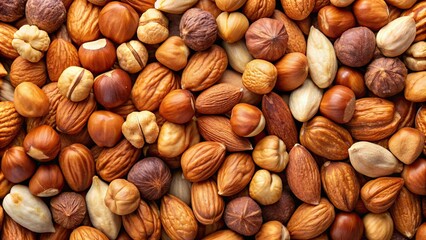 A close-up of a mix of hazelnuts and almonds , nuts, healthy, snack, combination, organic, vegetarian, food