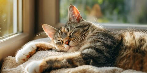 Fototapeta premium cute cat sleeping on cozy blanket beside window at home, 