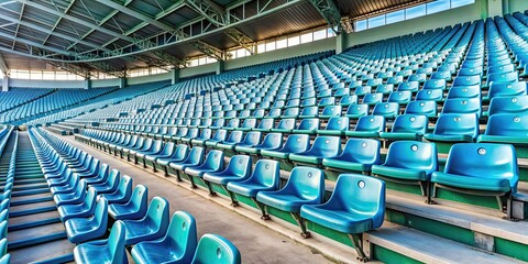 Fototapeta premium Empty stadium seating at a sports event , deserted, arena, rows, seats, stadium, sports fans, audience