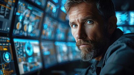 Man working on multiple tech screens, showcasing advanced technology and data analysis in a modern control room.