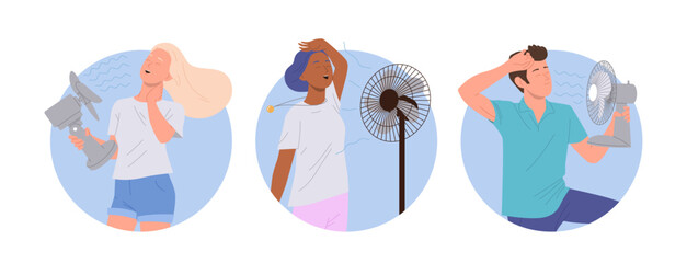 Isolated round avatar composition with happy relaxed people cooling down with electric air blower