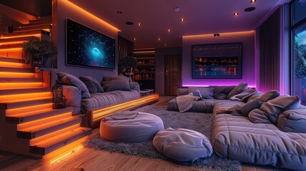 Modern living room with ambient lighting, cozy seating, and futuristic decor perfect for a relaxing evening or social gathering.