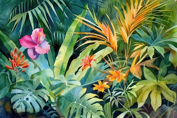 Naklejka premium Vibrant watercolor painting of a lush tropical garden with various colorful flowers and green leaves.