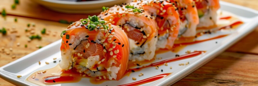 Tomato Sushi, Red Vegetable Uramaki Sushi Rolls, Fusion Maki Sushi with Rice, Cheese, Tomatoes