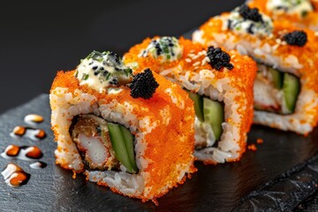 Unagi tempura uramaki sushi rolls with rice, cream cheese, eel, cucumber and nori. Hot crispy maki roll on black