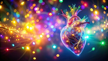 Human heart glowing with colorful lights on background , Heart, Organ, Technology, Isolated